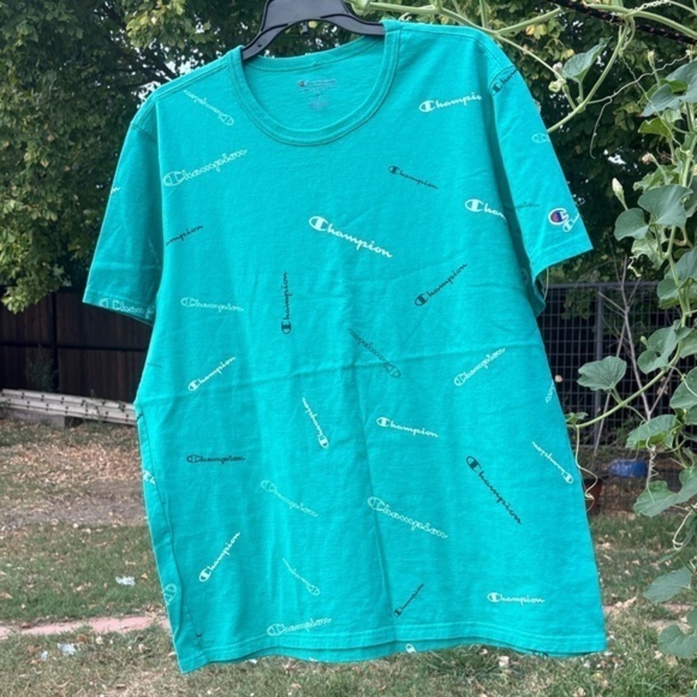 Champion Teal Logo Pattern Men's T-Shirt - Picture 1 of 6